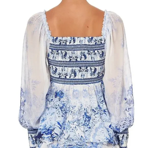 Camilla Silk Blouse Puff Sleeve Blue Floral Women’s Medium - Picture 4 of 10